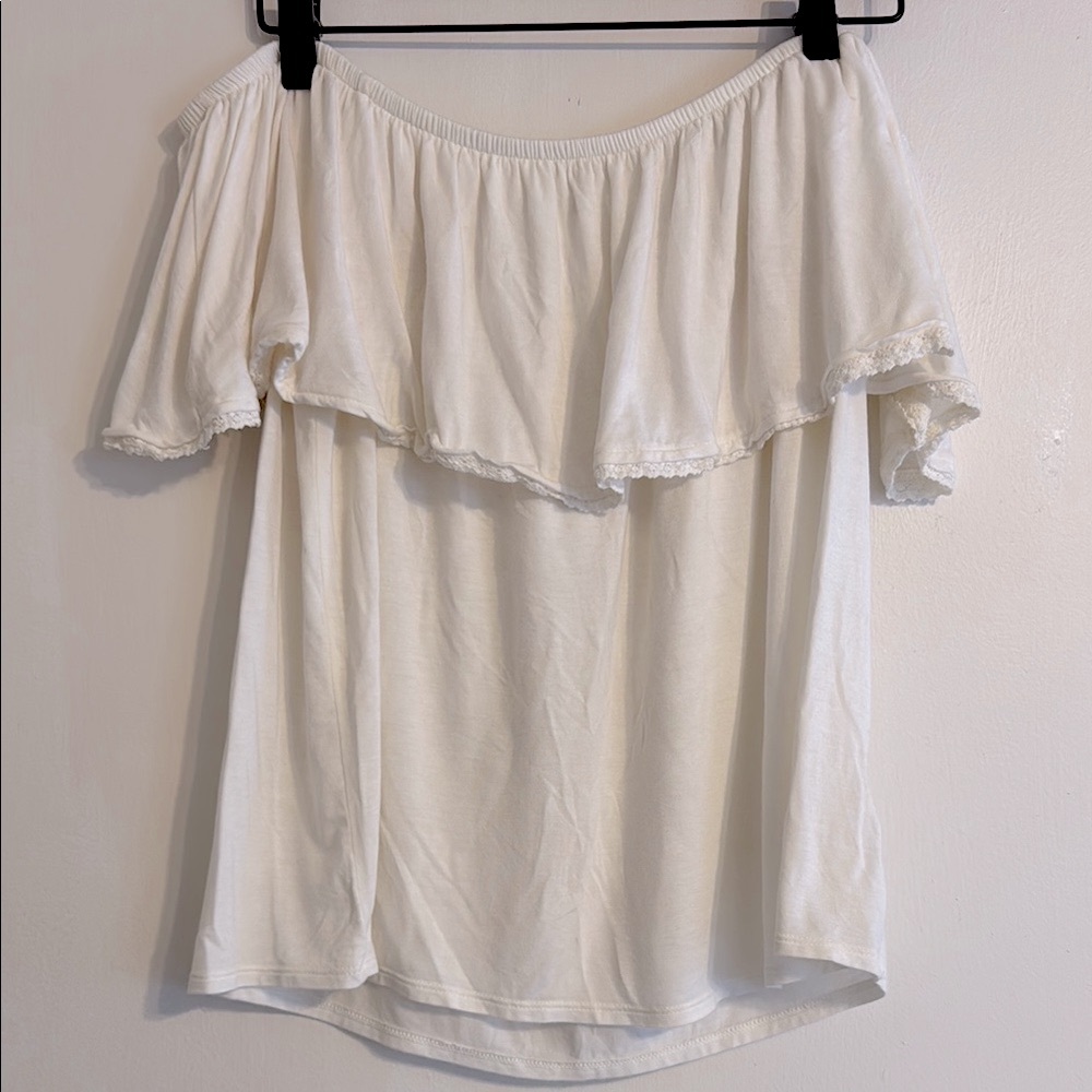 American Eagle White Ruffled Off the Shoulder Top